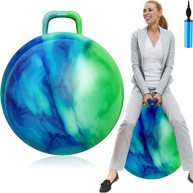 Lewtemi Hopper Ball for Adults, 31Inch Bouncing Ball Hippity with Handle Rubber Hop, Jumping Hopping Exercise with Air Pump for Outdoors Sports Exercise (Blue Green Cloud)