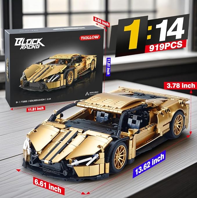 Sports Car Building Set for Adults - 1:14 MOC Toy Car Building Block, Racing Car Model Kit Gifts for Boyfriends,Boys and Teens Age 8-14 (Gold)