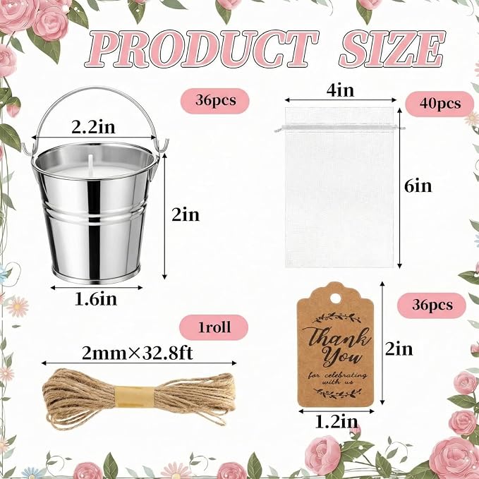 Lounsweer 36 Set Citronella Scented Candles Gifts Bulk with Mini 1.8 oz Metal Buckets Aromatherapy Candles Thank You Cards Hemp Rope White Organza Bags for Bridal Wedding Baby Shower Party Favor Guest