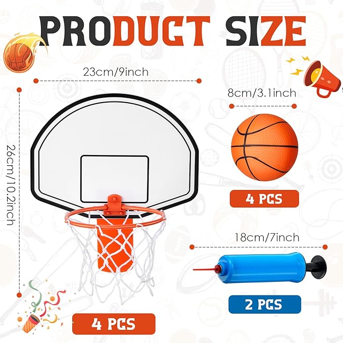 Liliful 4 Pack Indoor Trash Can Basketball Set, Including 4 Clip on Hoop with Backboard, 4 Inflatable Ball and 2 Pump, Fun Indoor Basketball Game Office Stress Relief Toy Funny Birthday Gifts