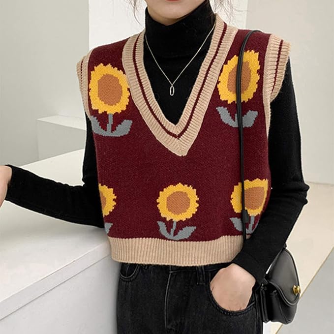 Women's Sweater Vest,Y2K Sleeveless Pattern Preppy Style Knitted Crop Tank Top for Girl