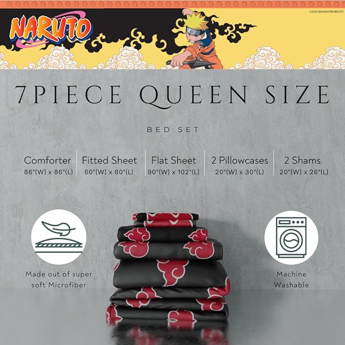 Collectibles Naruto Anime Akatsuki Bedding 7 Piece Super Soft Reversible Comforter and Sheet Set with Sham, Queen, (Officially Licensed Product) By Franco