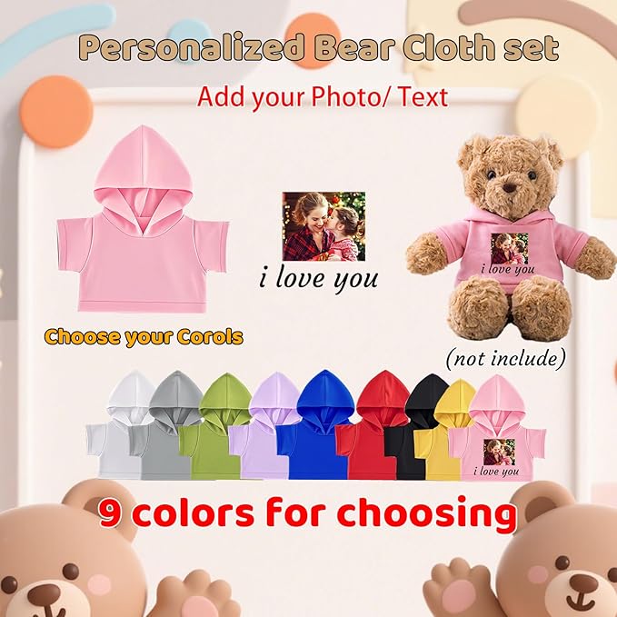 12 Pcs Personalized Teddy Bear Clothes with Photo Text, Custom Stuffed Animal Clothing Fit 8-16inch Stuffed Bear Clothes, Personalized Doll Clothing Make Your Own Plush Doll Shirt