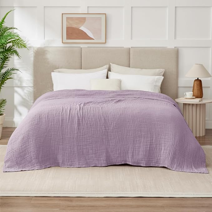 100% Cotton Muslin Blanket Twin XL 66" x 90", Breathable and Cooling Bed Blankets, Soft Boho Coverlet Bedspread, Gauze Bedding for Adults All Season, Purple, Lavender