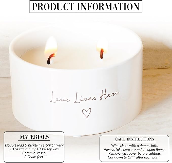 Pavilion Gift Company - Love Lives Here - 10 oz Soy Wax Ceramic Vessel Candle Housewarming Apartment-Warming Gift Present Neutral Home Decor
