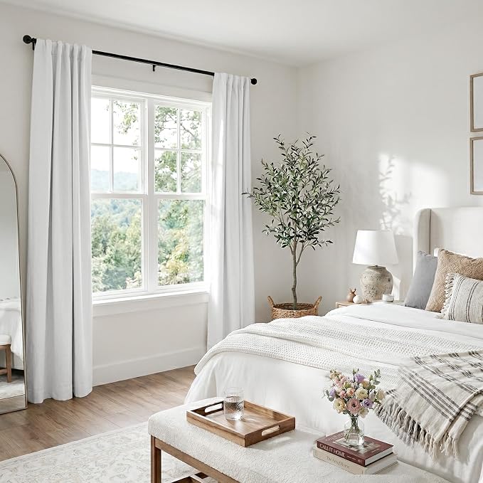 100% Blackout Shield White Linen Blackout Curtains for Bedroom 96 Inches Long, Back Tab/Rod Pocket Living Room Drapes, Thermal Insulated Blackout Curtains 2 Panels Set, 50" W x 96" L,Blanc de Blanc