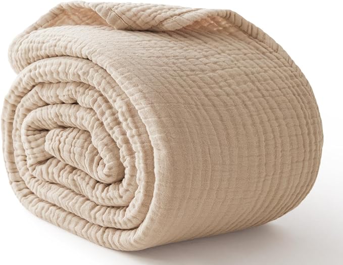 100% Cotton Muslin Blanket Twin 60" x 80", Breathable and Lightweight Cotton Twin Blankets for Couch, Soft Cooling Summer Gauze Blanket for Adults All Season, Beige