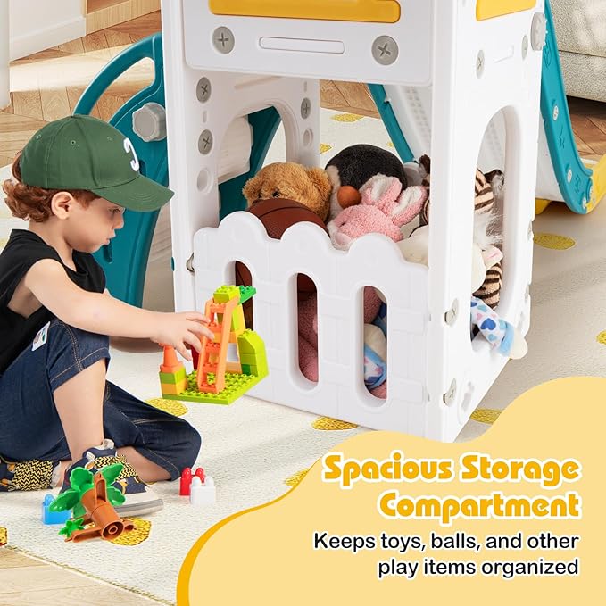 BABY JOY Toddler Slide, 6-in-1 Indoor Kids Slide Playset with Basketball Hoop, Telescope, Climbing Ladder & Storage Space, Freestanding Playhouse & Climber for Kids Aged 1-3 (Yellow)