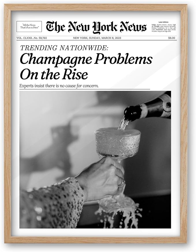iHery 16x20in Champagne Problems on the Rise Framed Newspaper Art | Natural OAK Wood Frame with Canvas Print, Vintage Champagne Decor for Bar Cart, Kitchen, Living Room and Bathroom, 1Pack