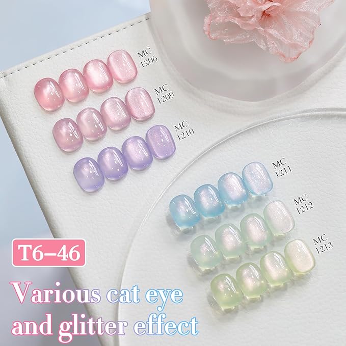 Double Rhythm Cat Eye Gel Nail Polish Set of 6 Same Color Same Bottle 0.5 Oz Shimmer Glitter with Magnet Holographic Reflective Magnetic UV Nail Polish Kit at Home (Rose Green Pink Purple-T6-46)