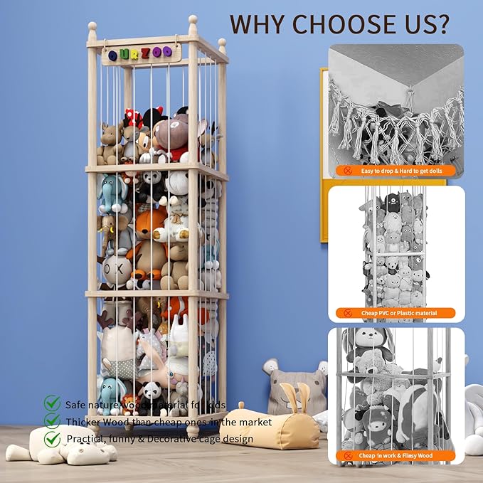Stuffed Animal Storage Wood Toy Storage Organizer, Upgraded Design from Bean Bag Stuffed Animal Hammock Plushie Net, Large Toy Chest Stuffed animal holder for Kids Nursery Playroom Bedroom （XL）