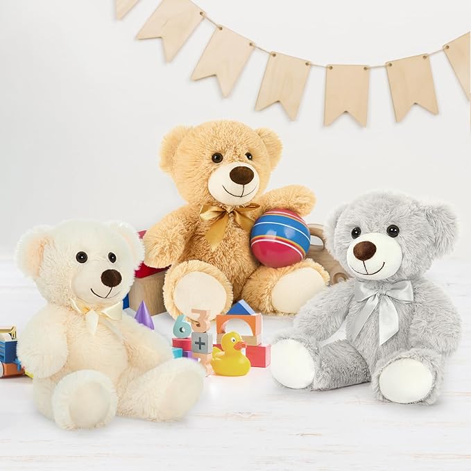 MaoGoLan 3 Pieces Bulk Teddy Bears Stuffed Animals Baby Shower, Soft Small Stuffed Teddy Bears in Bulk, 13.5" Cuddly Mini Bears Centerpiece,Wedding,Party,Engagement,Tan,Beige,Gray