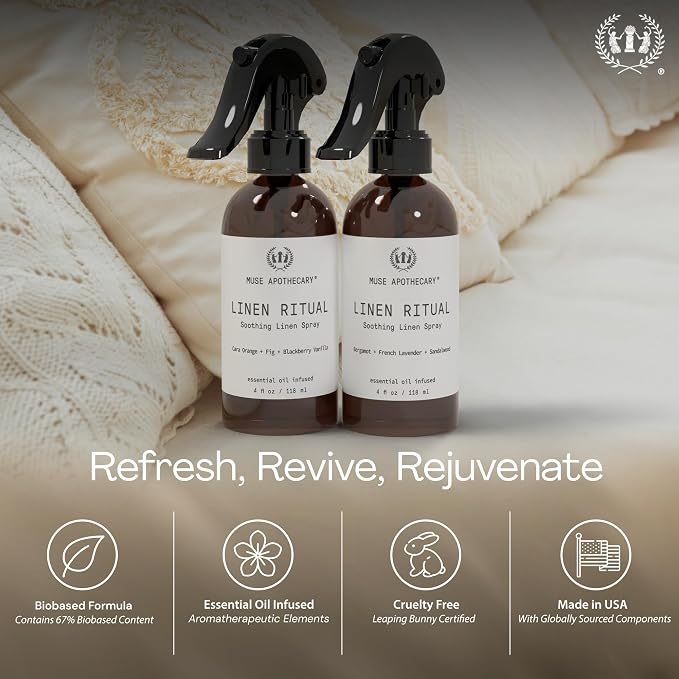Muse Apothecary Linen Ritual - Aromatic, Soothing, and Relaxing Linen Mist, Laundry and Fabric Spray - Infused with Aromatherapy Essential Oils - 8 oz, Bergamot + French Lavender + Sandalwood