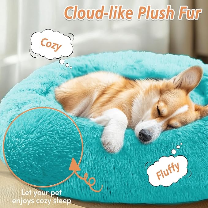JOLLYVOGUE Calming Dog & Cat Bed for Small Dogs, Anti-Anxiety Donut Cuddler Cozy Soft Round Bed with Anti-Slip Bottom, Fluffy Faux Fur Plush Cushion Beds for Small Medium Pets (23")