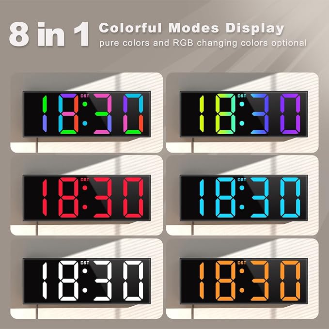 JALL Digital Wall Clock Large Display with Big LED Numbers, Remote Control, 8 RGB Colors, Auto DST, Night Light for Classroom Living Room Bedroom Birthday Gift for Senior, Men Women (Black)