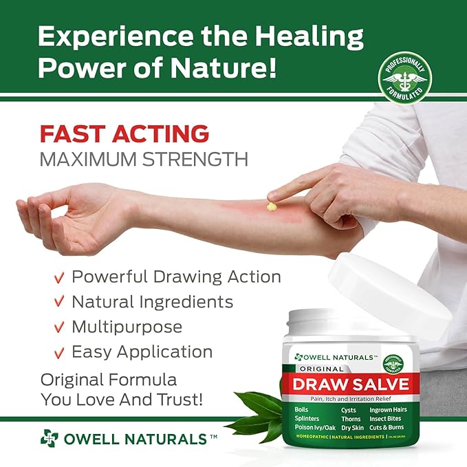 OWELL NATURALS Drawing Salve Ointment for Boil & Cyst Removal, Deep Ingrown Hair, Splinter Remover, Bug Spider Bites, Bee Sting, Mosquito Itching, Poison Ivy