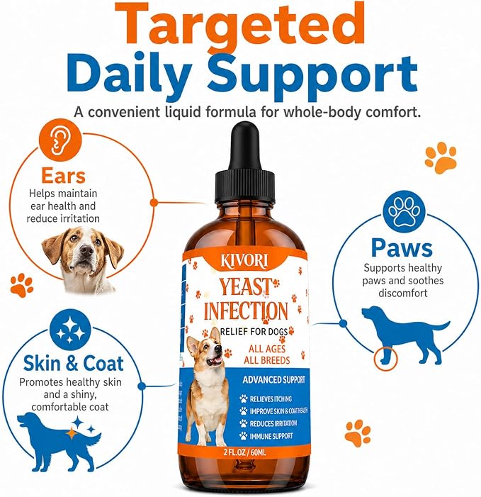 Kivori Yeast Infection Drops for Dogs, 2fl.Oz/60ml Yeast Infection Treatment for Dogs, Anti Yeast Drops, Ear and Paw Itch, Herbal Dog Supplement Drop for All Ages All Breeds. (1PCS)