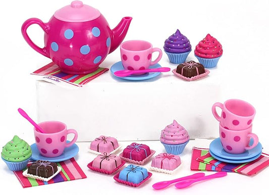 Sophia's Sprinkled Cupcakes, Colorful Petit Four Cakes, Napkins, Polka Dot Tea Pot and Settings for Four 18 Inch Dolls, Pink