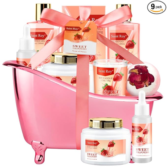 Spa Gift Basket, Spa Kit for Women, Bath & Body Gift Set, Home Spa Bath | Strawberry Scented Bath Gift Basket Set Christmas Gifts, Pamper Kit for Girls & Teens, Birthday Gift, Bath Self Care Gift