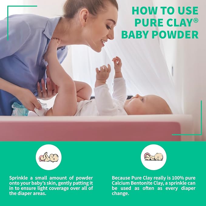 Pure Clay Talc Free Baby Powder with Organic Bentonite Clay Food Grade for Sensitive Skin, Gentle Calcium Bentonite Care for Delicate Infant Diaper Area. Talc-free baby powder. Unscented and Organic.