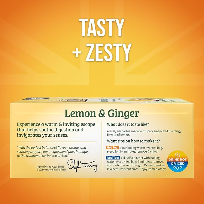 Twinings Lemon & Ginger Herbal Tea Individually Wrapped Bags, 100 Count (Pack of 1), Tangy Lemon, Spicy Ginger, Naturally Caffeine-Free, Enjoy Hot or Iced, 100 Teabags