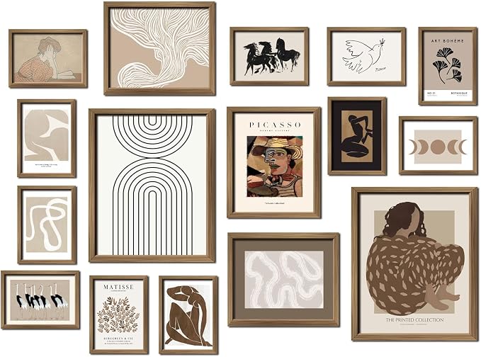 ANERZA 16 PCS Framed Boho Eclectic Wall Art Decor, Abstract Wall Collage Kit Prints for Bedroom Bathroom, Gallery Wall Frame Set, Minimalist Posters for Living Room Aesthetic, Beige and Brown Dorm Artwork
