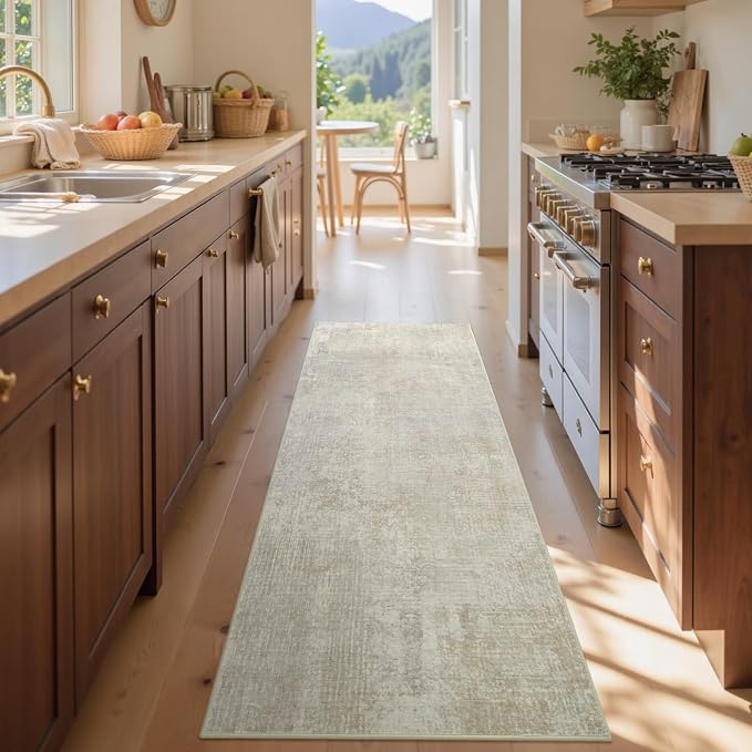 2x6 Ft Washable Runner Rug, Non-Slip Low Pile Hallway Kitchen Area Rug, Soft Long Entryway Floor Mat Abstract Pattern Carpet for Bedside & High-Traffic Areas (Beige)