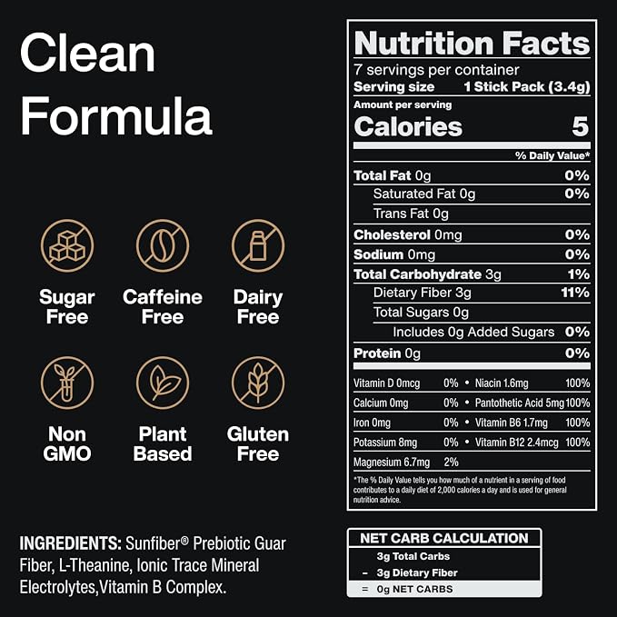 Mindful Tasteless Prebiotic Fiber for Your Coffee - Enhanced with L-Theanine, Magnesium, B Vitamins - Dissolves Clear & Taste-Free - Unflavored, Unsweetened (7 Count)