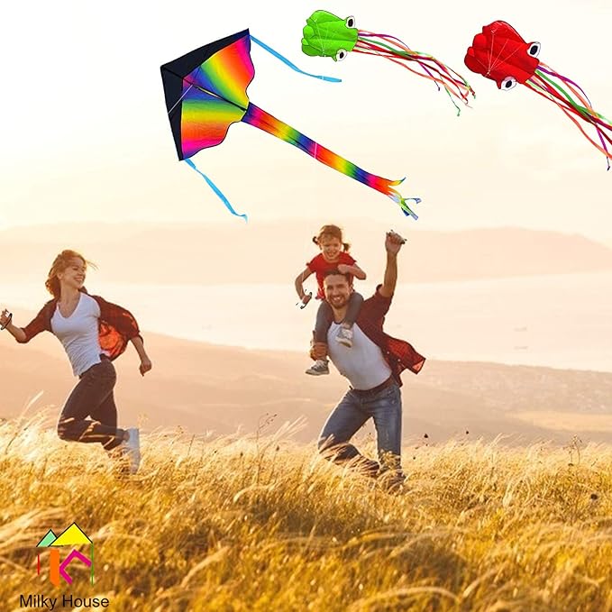 3 Pack Octopus Kite - 3D Beach Kites for People & Kids (Blue, Green, Red) - Easy to Fly, Kite Kit with 100M String