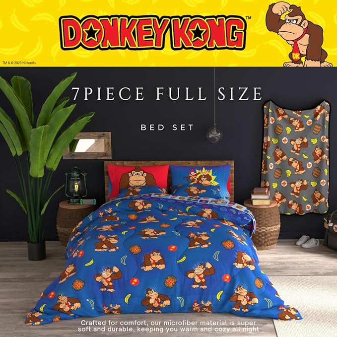 Collectibles Nintendo Donkey Kong Gaming Bedding 7 Piece Super Soft Reversible Comforter and Sheet Set with Sham, Full, (Officially Licensed Product) By Franco