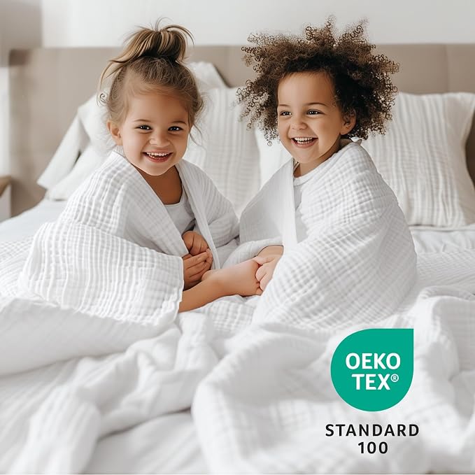100% Cotton Muslin Blanket Queen 90" x 90", 6 Layers Breathable and Lightweight Cotton Throw Blanket for Bed, Soft Quilt Bedspread Coverlet, Gauze Blanket for Adults All Season, White
