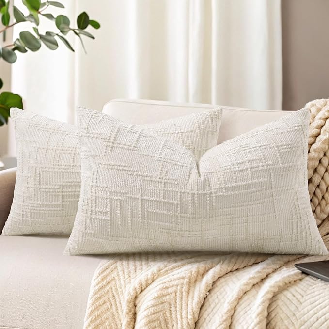 decorUhome Textured Chenille Throw Pillow Covers 12x20 Set of 2 Cream White | Fall Modern Farmhouse Soft Cozy Slubby Couch Pillow Cases Boho Decorative Pillow Cases for Bed Sofa Living Room Home Decor
