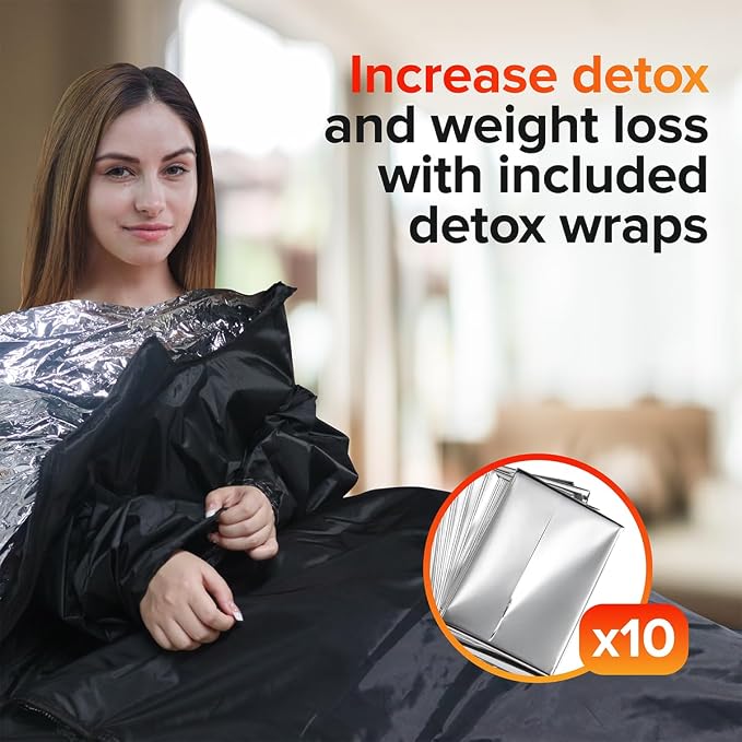 Portable Sauna Blanket with Arm Sleeves - v2.0 Improved Features! 6 ft x 3 ft Far Infrared Sauna Blanket for Detoxification with 10x Bonus Thermal Blankets - Saunas for Home, 113-176℉