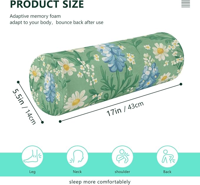 Mint Green Bluebonnet and Daisy Flowers Neck Roll Pillow Bolster Round Health Memory Foam Long Cervical Cylinder Pillows with Removable Washable Cover for Body Bed Legs Back Yoga