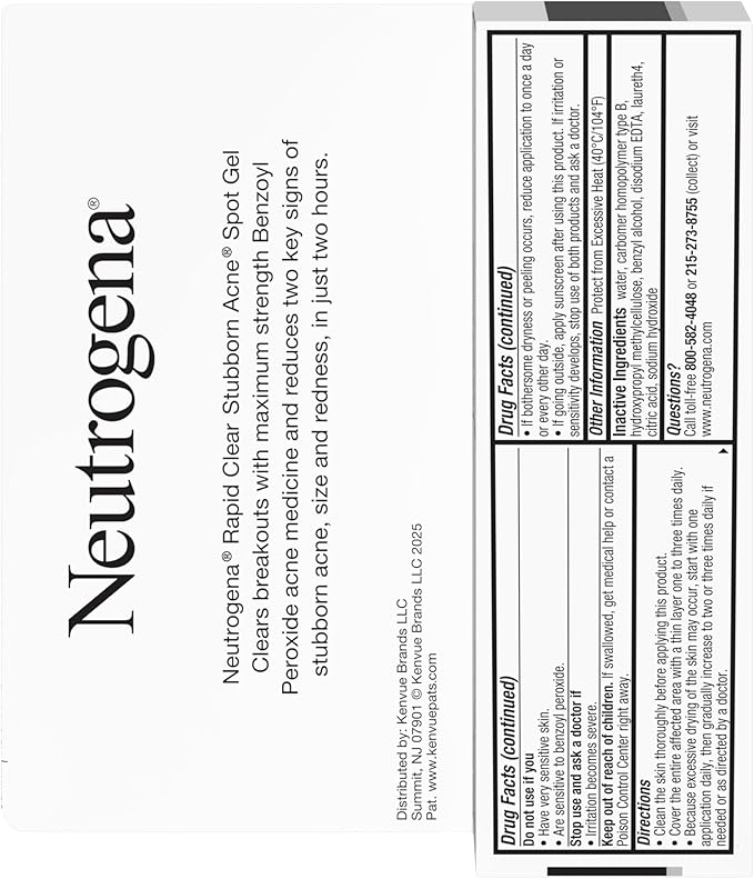 Neutrogena Rapid Clear Stubborn Acne Spot Treatment Gel, Maximum Strength 10% Benzoyl Per-oxide Treatment Medication for Acne Prone Skin, Pimple Cream Reduces Size & Redness, 1 oz