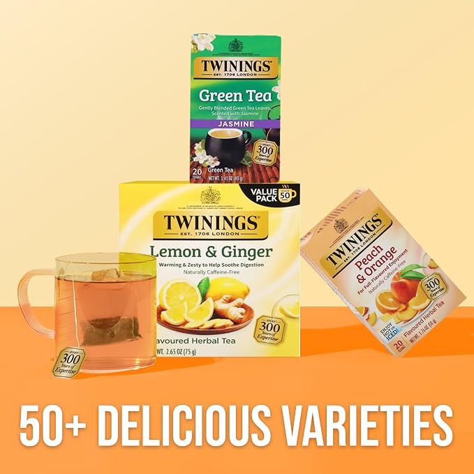 Twinings Peach & Orange Herbal Tea Individually Wrapped Bags, 20 Count (Pack of 1), Juicy & Fruity, Naturally Caffeine-Free, Enjoy Hot or Iced, 20 Teabags