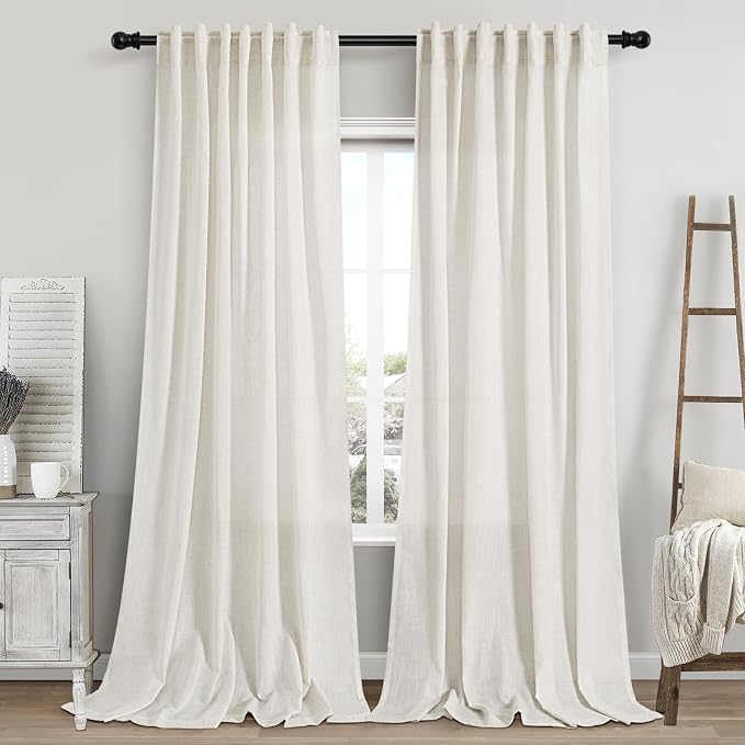 Cream Linen Curtains 106 Inches Long for Living Room Extra Long Back Tab Curtains Neutral Farmhouse Light Filtering Semi Sheer Linen Drapes Ceiling to Floor for Large Window 2 Panels Set 52x106