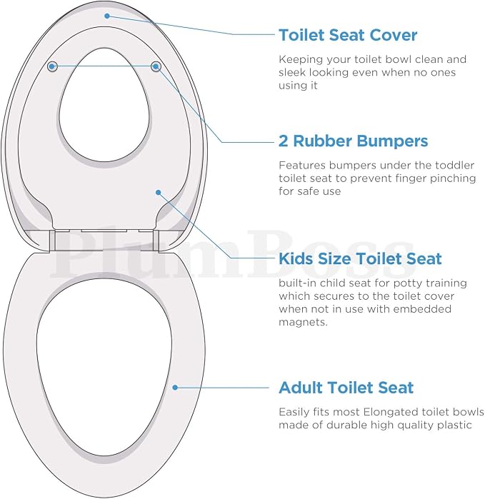 E2000 Elongated Toilet Seat with Built in Potty Training Toddlers Seat Magnetic Kids Seat Fits both Adult and Child Plastic Off white