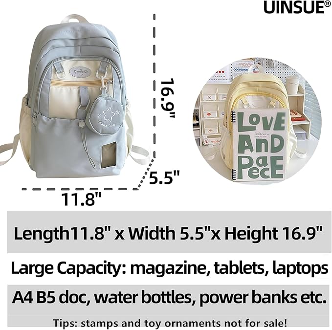 Kawaii Backpack Double Shoulder Bag with Cute Star Removable Pouch Small Clear Front Pocket Large Capacity Fits 16" Laptop Dopamine Colors Daypack (Blue)