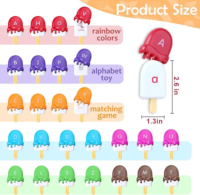 USATDD ABC Alphabet Learning Toys Alphabet Popsicles Animal Matching Toy Uppercase Lowercase Preschool Learning Activities Montessori Toys Back to School Gifts for Kids Ages 3+, 52 Pcs