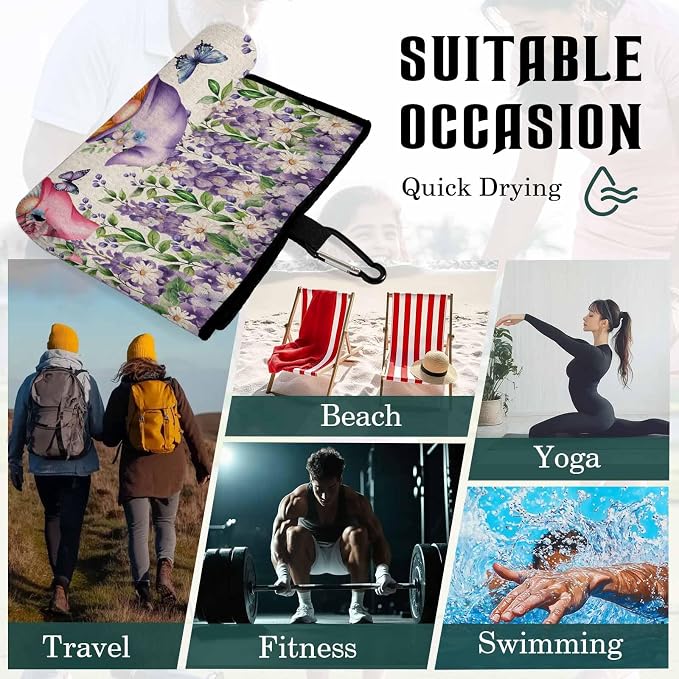 Blue Purple Gnomes Golf Towel with Clip, Spring Vintage Hydrangea Flower Leaf Large Microfiber Women Men Sports Work Out Disc Golf Bag Towel for Yoga, Gym, Fitness, Swimming Towels Accessory