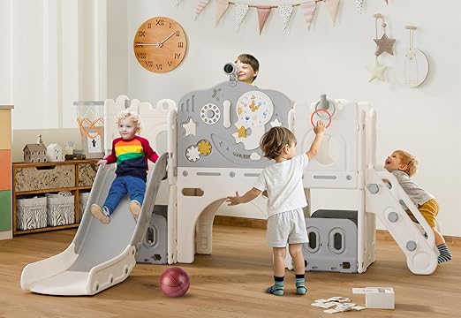 BIERUM 12 in 1 Toddler Slide, Astronaut Themed Baby Slide for Toddlers Aged 1-3, with Astronaut, Moon, Cloud, Star, Phone Call Design, Basketball Hoop and Ring Toss, Toddler Playset Beige Gray