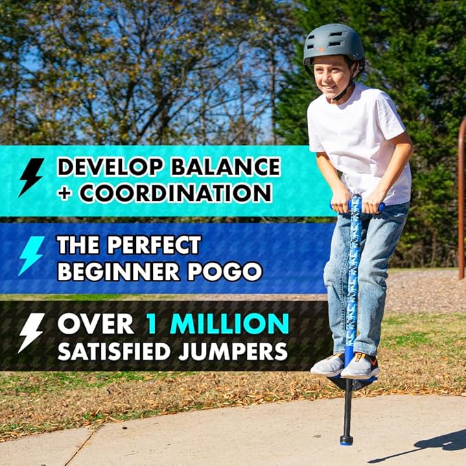 Flybar Jolt Pogo Stick for Kids, Perfect for Beginners w/ Foam-Covered Metal Frame, Handles & Padding, Non-Slip Foot Pads, Wide Tip, Outdoor Active Play Toy for Boys & Girls, Ages 6+, Blue Camo