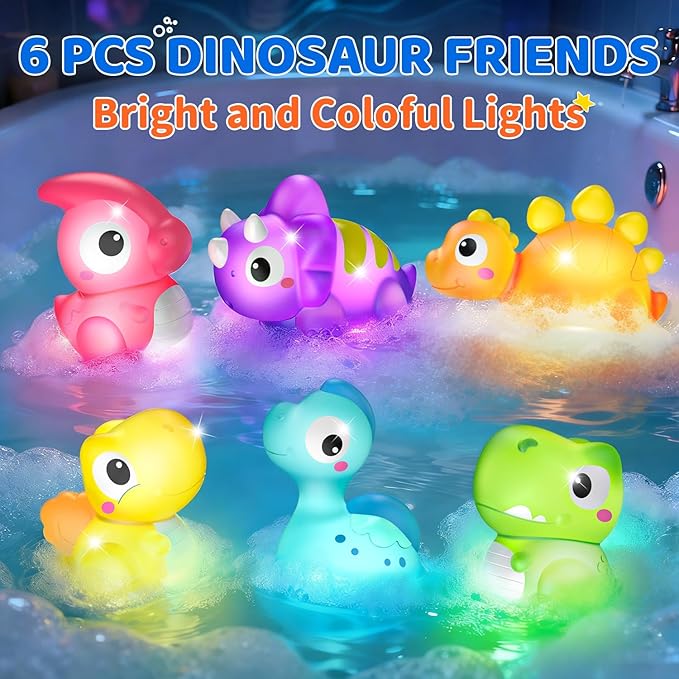 6 Packs Dinosaurs Light Up Bath Toys for Kids Ages 1-3, Water-Activated Toys Flash & Change Color, Bathtub Toys for Toddlers 2-4, Pool Floating Toys for 1 2 Year Old Boy Girl Gifts