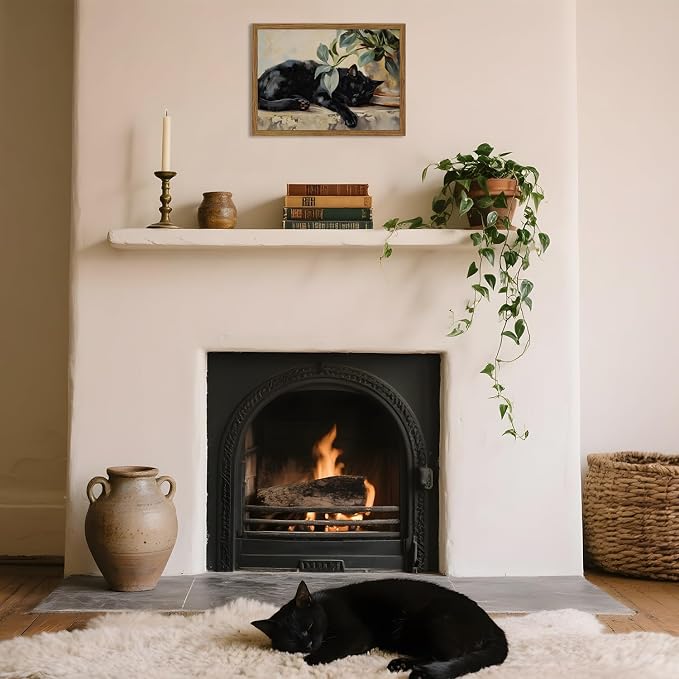 Framed Black Cat Canvas Wall Art, Vintage Sleeping Cat with Plant Picture Wall Decor Paintings, Cute Animal Poster Prints Rustic Aesthetic Home Decor for Living room Bedroom Bathroom 12x16 inch