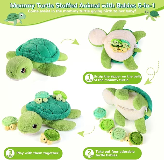 5 Pieces Turtle Stuffed Animals - 1 Mommy Stuffed Turtle with 4 Babies - Tortoise Gifts for Girls Age 3-8, Tortoise Plush Toys for Christmas, Valentine's, Birthday Gifts