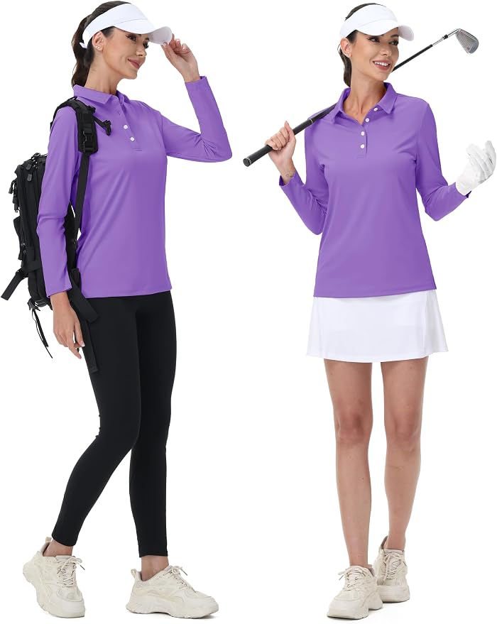 MAGCOMSEN Long Sleeve Polo Shirts for Women Golf Tops with Collar Work | UPF 50+ Sun Protection, 4 Buttons, Moisture Wicking, Breathable, 4-Way Stretch, Collared, Quick Dry, Active, Casual, Tennis