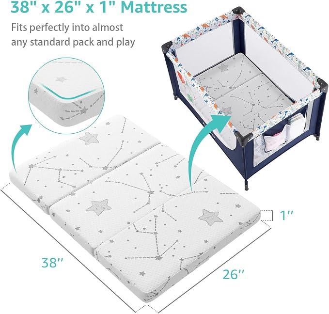 YENING Trifold Pack and Play Mattress Pad Foldable 38x26 Waterproof Baby Mattress for Pack N Play Matress Topper Breathable