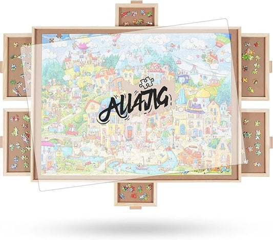 ALL4JIG 1000 Pieces Rotating Puzzle Board with 6 Drawers and Cover,22"x30"Portable Wooden Jigsaw Puzzle Table for Adults,Lazy Susan Spinning Puzzle Boards Birthday Gift for mom