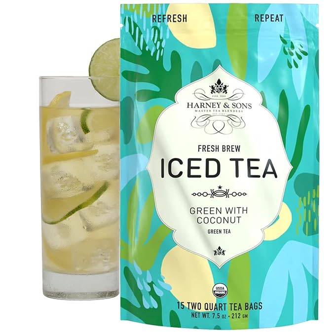 Harney & Sons Fresh Brew Iced Tea, Organic Green Tea with Coconut, 15 Iced Tea Bags, Brews Up to 30 Quarts, Tropical Flavor